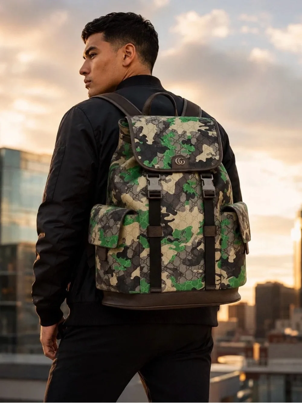 Gucci GG Animation Green Camouflage Large Backpack Laptop Bag Authentic NWT